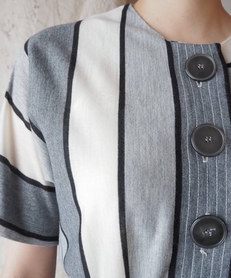 Collarless Stripe Big Button Dress GRWH