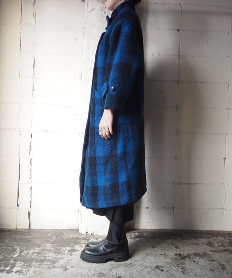 Stand Collar Check Pattern Coat BLBK