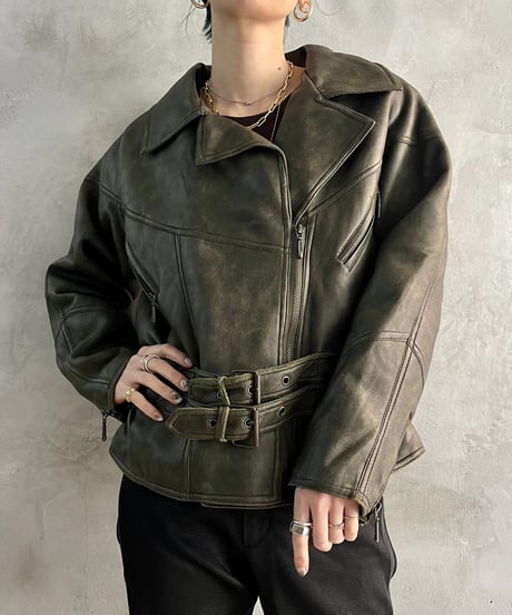 Waist Gather Design Belted Leather Jacket KA