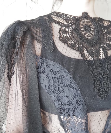 GUNNE SAX Lace×Tulle Volume Sleeve Blouse BK