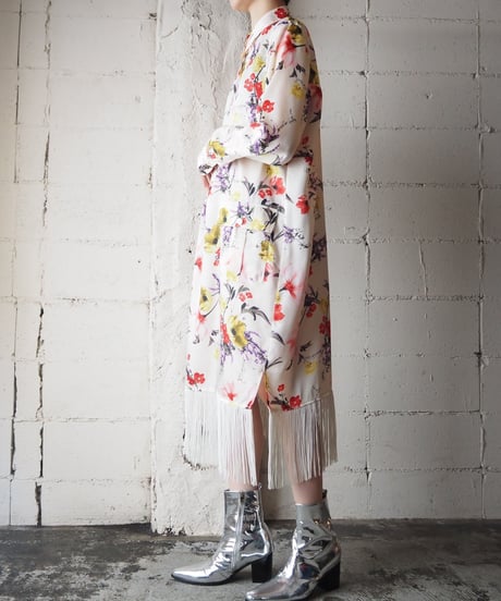 LAUREN Flower Pattern Fringe Hem Dress WHPIYE