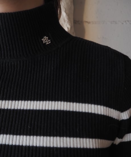 LAUREN Mock Neck Border Knit BK WH