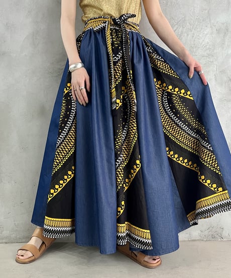 Denim × Batik Flared Skirt BLYE