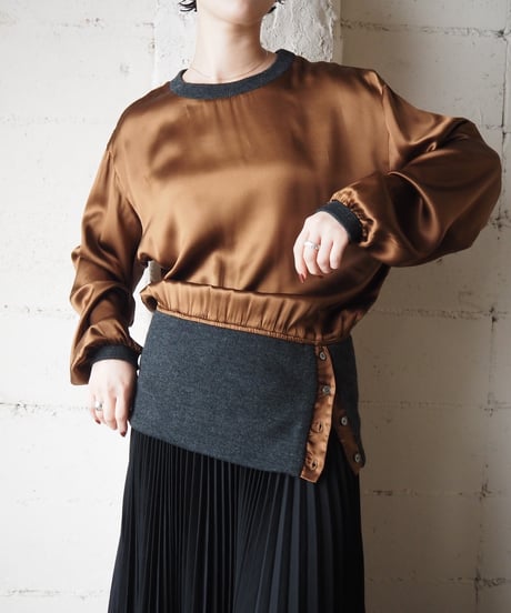 Satin×Knit Switching Tops BR GR