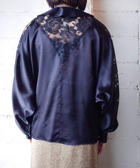 Lace×Satin Dolman Sleeve Blouse BK