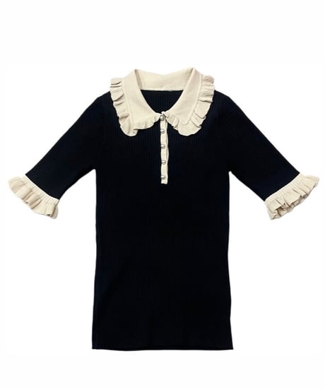 Bicolor S/S Frill Polo Rib Knit BKIV
