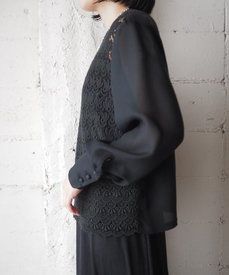 1950-60s LacexSheer Collarless Blouse BK