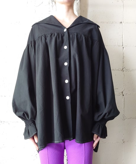 Volume Sleeve Open Collar Shirt BK