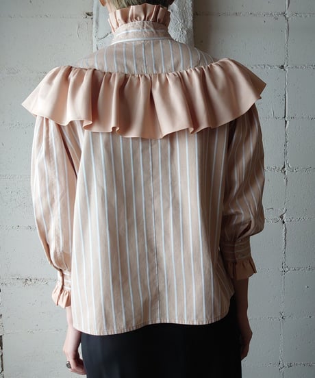 Frilled × Stripe Stand Collar Blouse BE