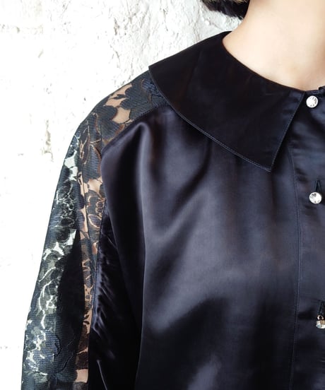 Lace×Satin Dolman Sleeve Blouse BK