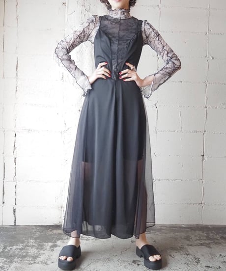 Switching Sheer Sleeveless Dress BLK