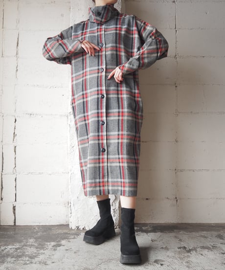 Turn Over Collar Check Pattern Shirt Dress GRRE