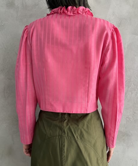 Frill Neck Stripe Front Button Design Blouse PI