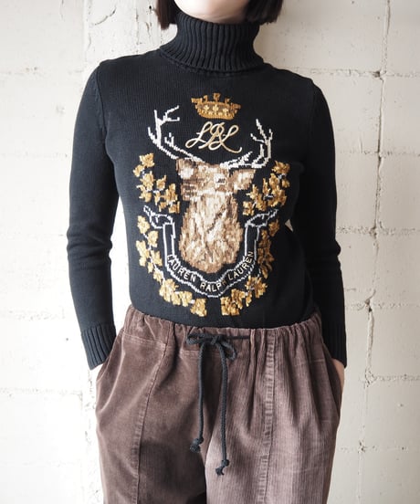 LAUREN Intarsia Deer Turtleneck Sweater BK BE YE