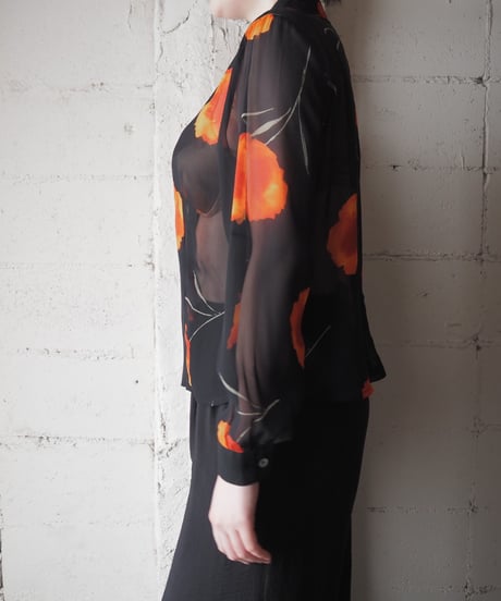 Flower Print Sheer Shirt BKOR