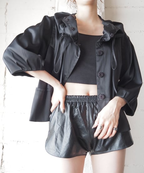 Drawstring Big Collar Short Jacket BK