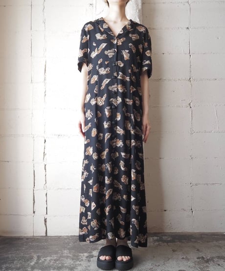 Open Collar Pattern Shirt Dress BK BR