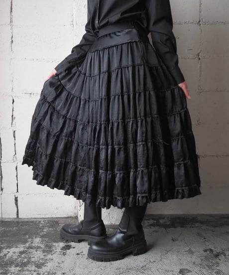 Tiered Pleated Long Skirt BK