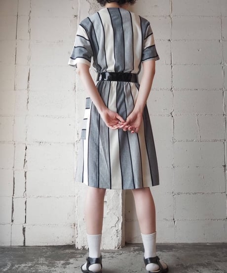 Collarless Stripe Big Button Dress GRWH