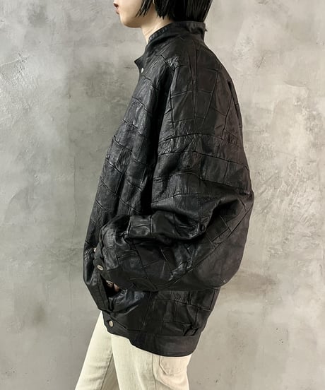 Patchwork Dolman Sleeve Leather Jacket BK