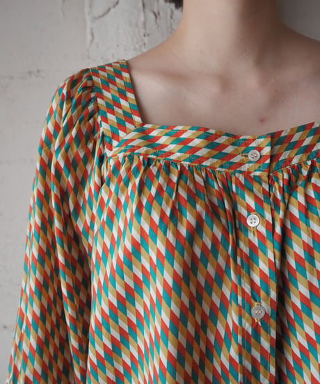 YVES SAINT LAURENT Square Neck Check Blouse OR