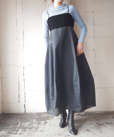 Velour × Nylon Balloon Camisole Dress BK