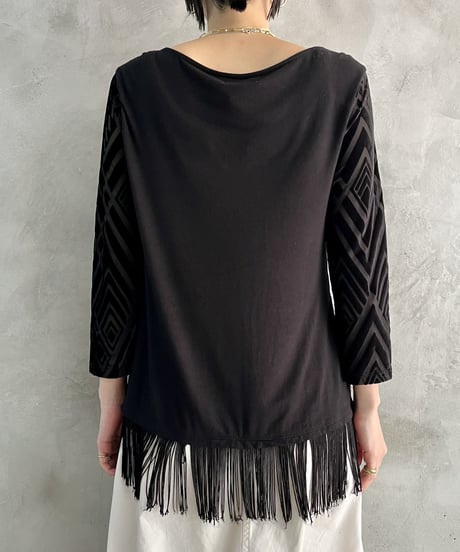 Velour Pattern Hem Fringe Tops BK