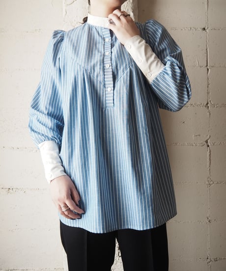 Stripe Long Cuff Stand Collar Blouse WHBL