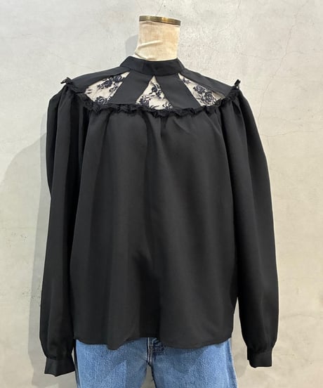 Sheer Lace Band Collar Blouse BK
