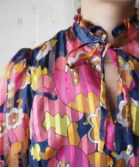 Flower×Stripe Pattern Sheer Blouse NVPI