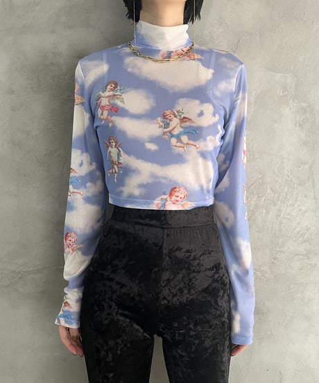 Angel Print Mock Neck See Through Tops PURWH