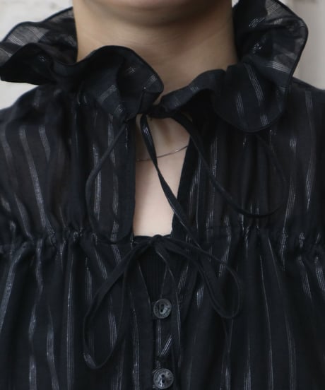 String Shirring Stripe Blouse BK