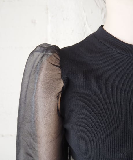 Puff Sleeve Sheer Rib Knit BK