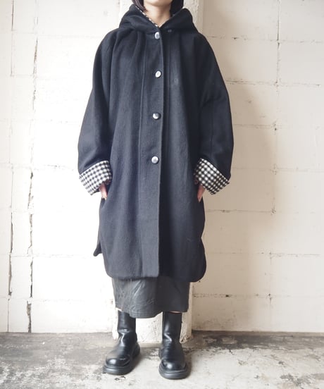 Check Lining Hooded Dolman Sleeve Coat BKWH