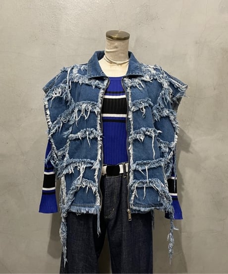 Patchwork Zipup Denim Vest BL