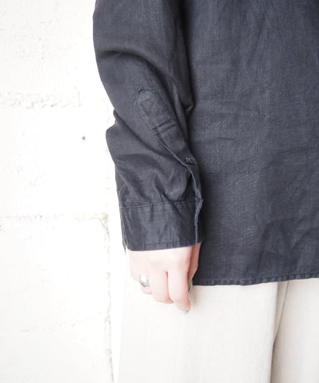 LAUREN Band Collar Linen Pullover Shirt BK