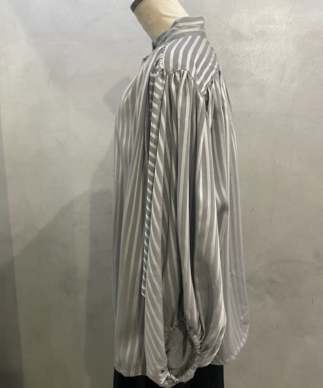 Band Collar Balloon Sleeve Blouse GR WH GD