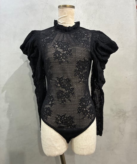 Gathered Puff Sleeve Lace Bodysuit BK