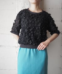 Lace×3D Flower Short Sleeve Tops BK