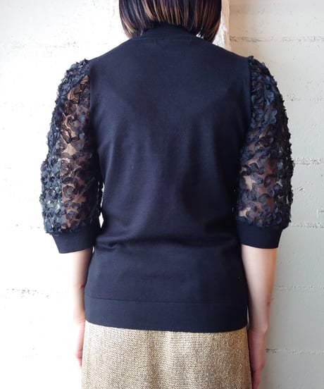 Sheer 3D Flower×Mock Neck Knit BK