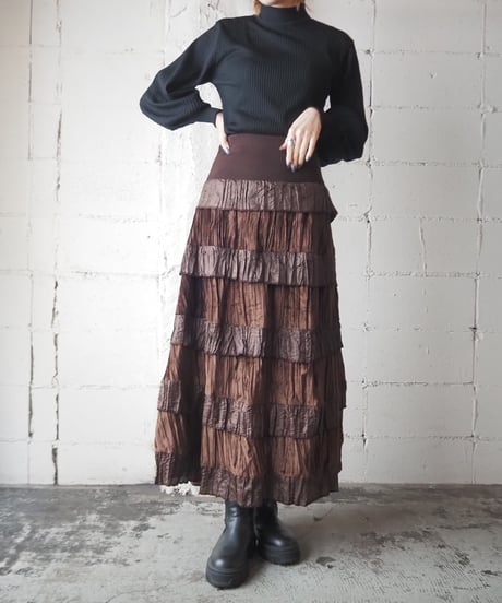 Knit Waist Velour×Satin Tiered Skirt DBR