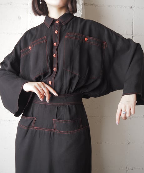 Red Stitch Back Open Rayon Shirt Dress BK