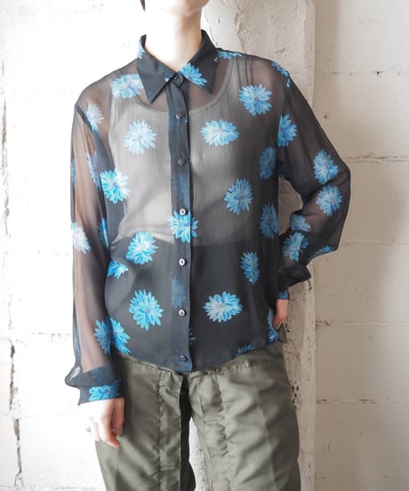 Flower Print Sheer Silk Shirt BKBL