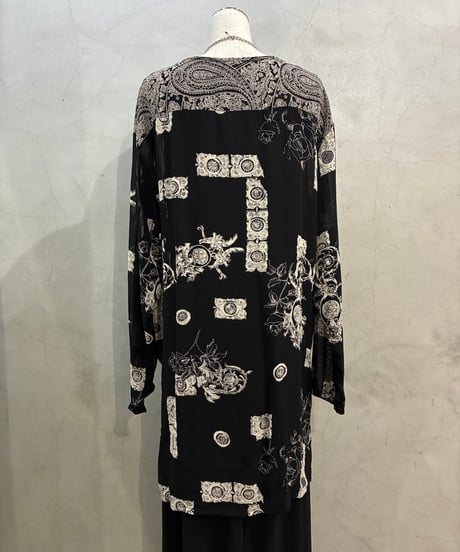 Baroque Motif Collarless Sheer Shirt Dress BK