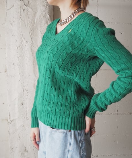 Ralph Lauren SPORT V Neck Cotton Cable Knit GN