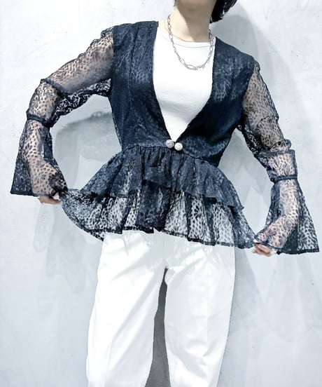 Sheer Lace Peplum Flare Tops BK