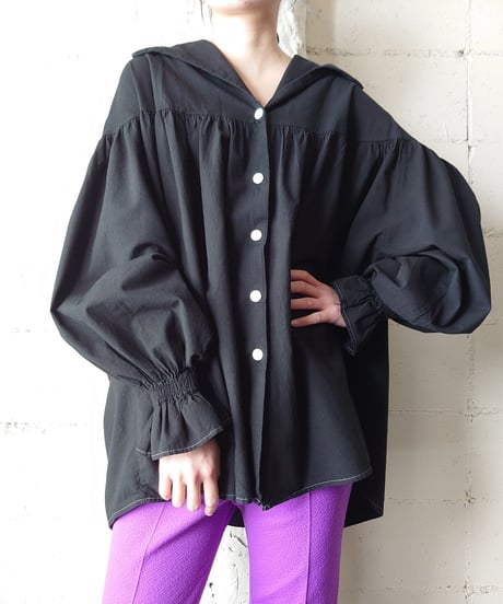 Volume Sleeve Open Collar Shirt BK