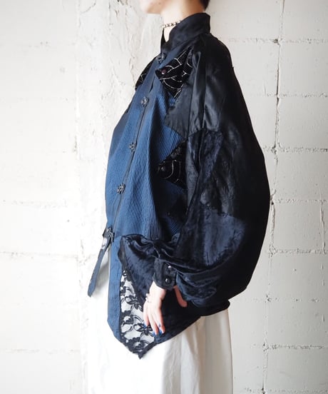 Velour × Lace Design China Shirt BKNV
