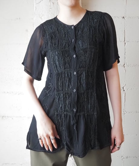 Sheer Tape Embroidery Blouse BK
