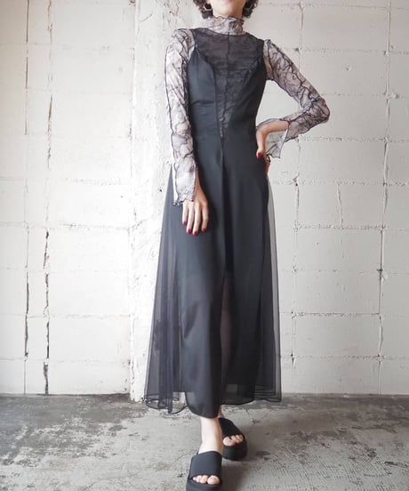 Switching Sheer Sleeveless Dress BLK